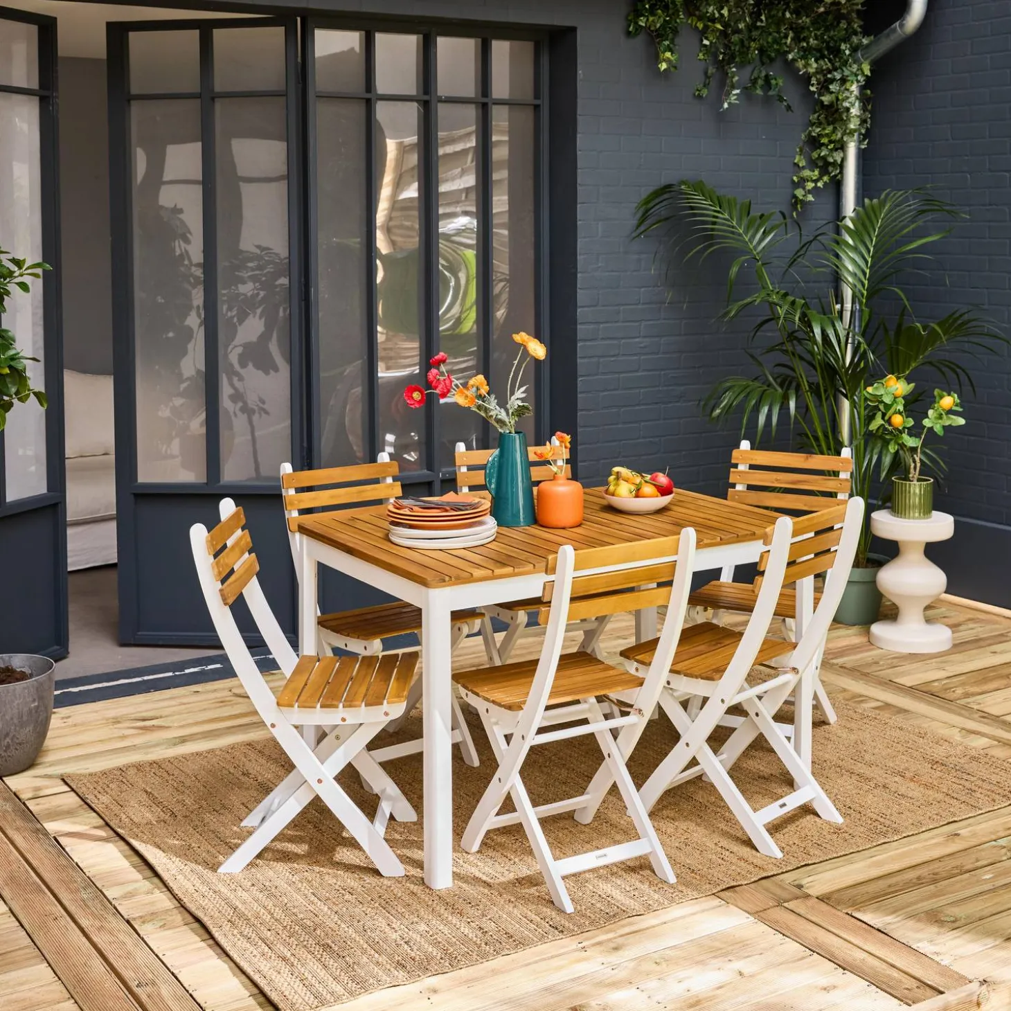 Acacia tuintafel met ronde hoeken, 6 stoelen