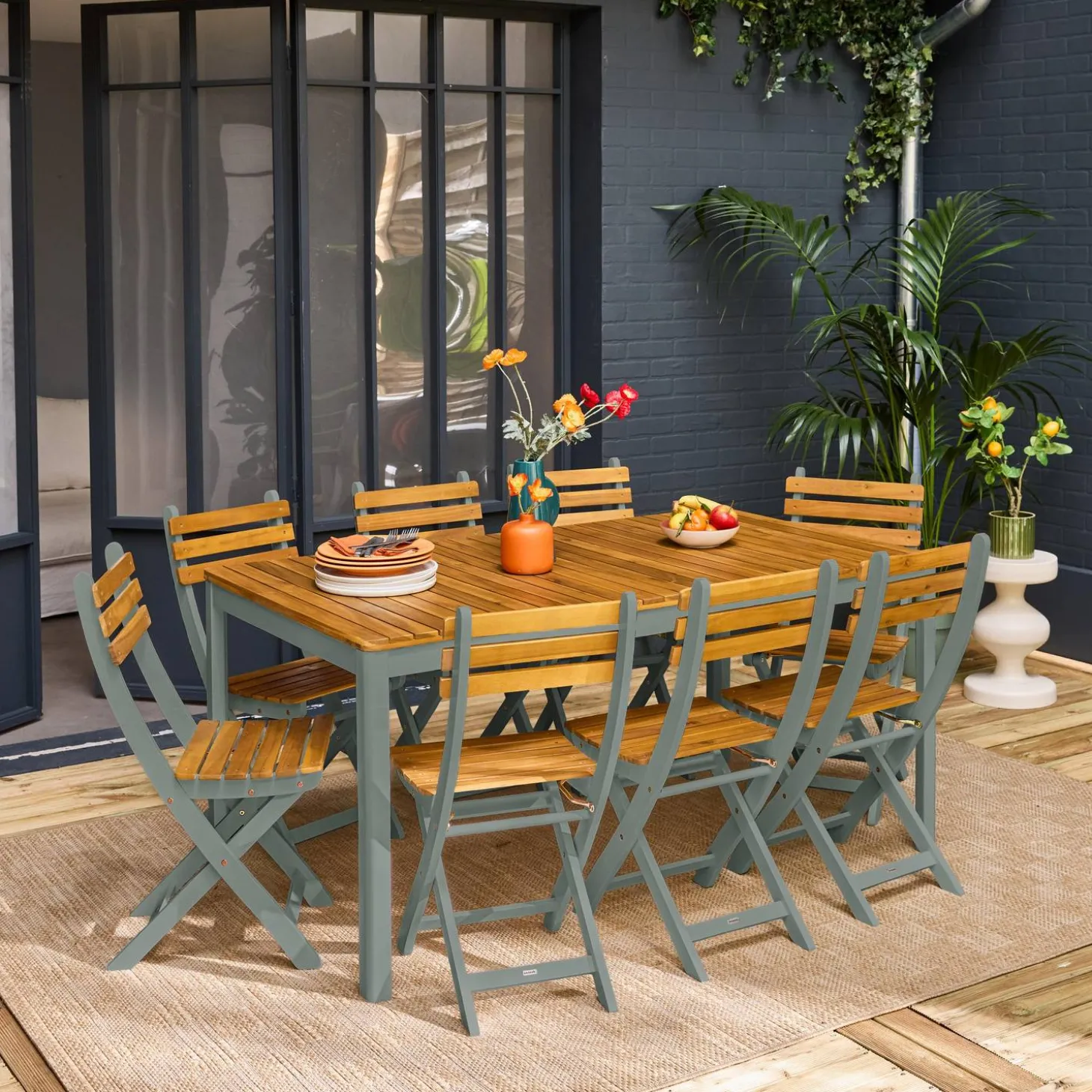 Acacia tuintafel met ronde hoeken, 8 stoelen