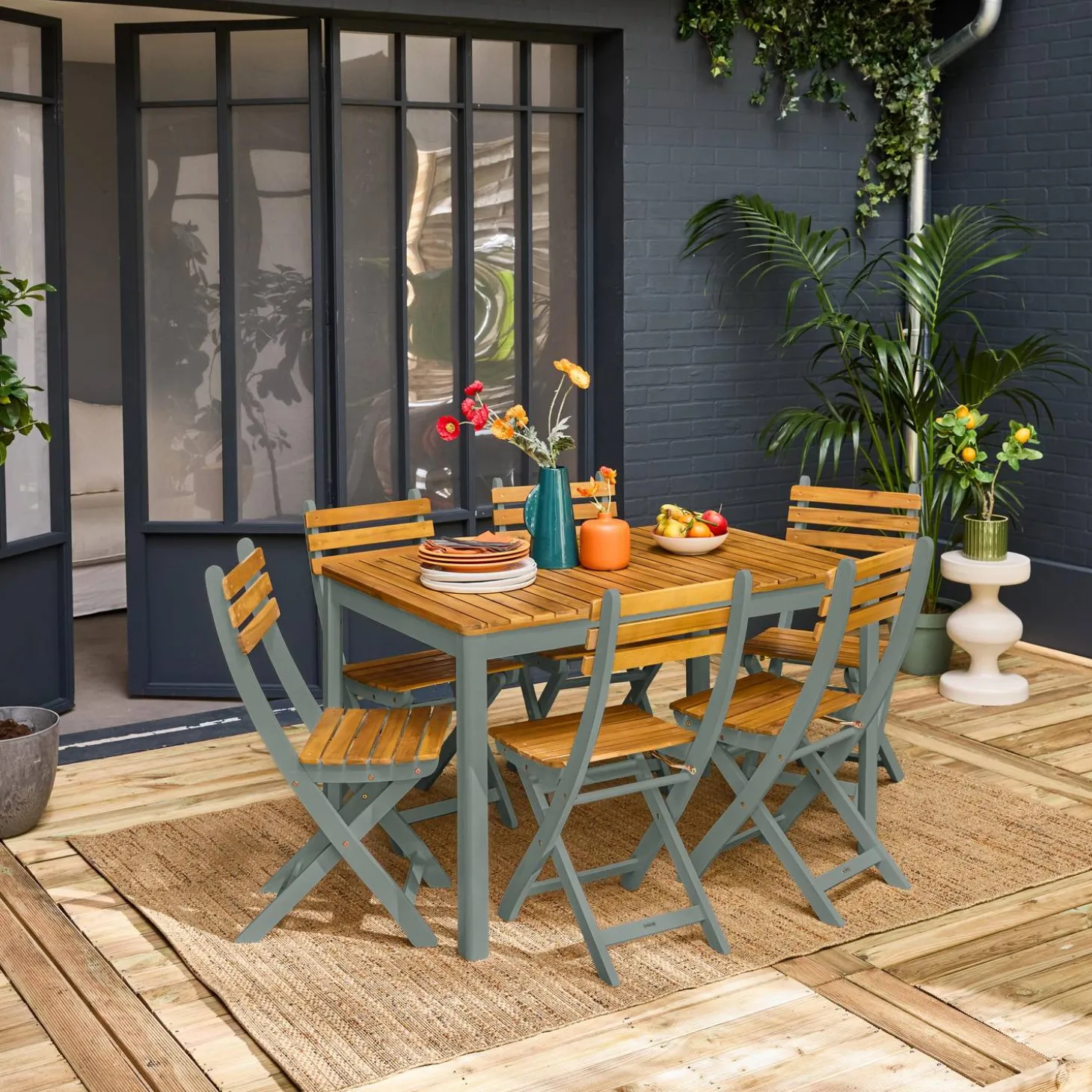 Acacia tuintafel met ronde hoeken, 6 stoelen