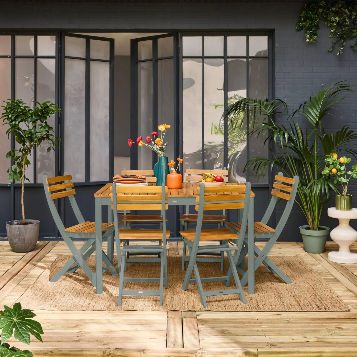 Acacia tuintafel met ronde hoeken, 6 stoelen