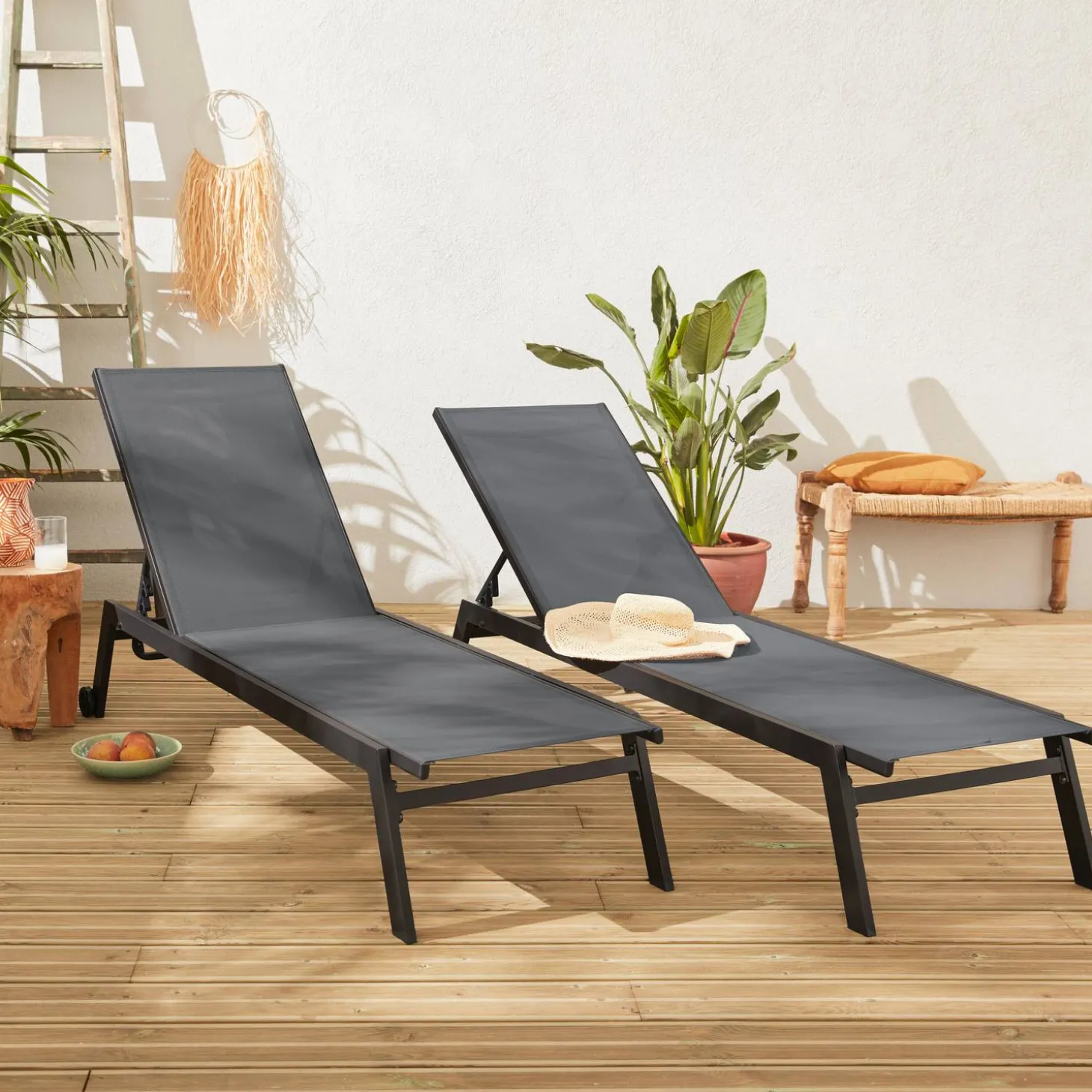 Aluminium ligstoelen, meerdere standen, met wieltjes (set van 2)