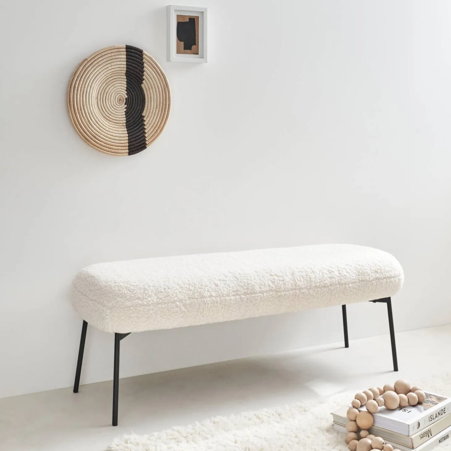 Bank, bed einde met bouclébekleding, B120 x D42,5 x H43,5cm