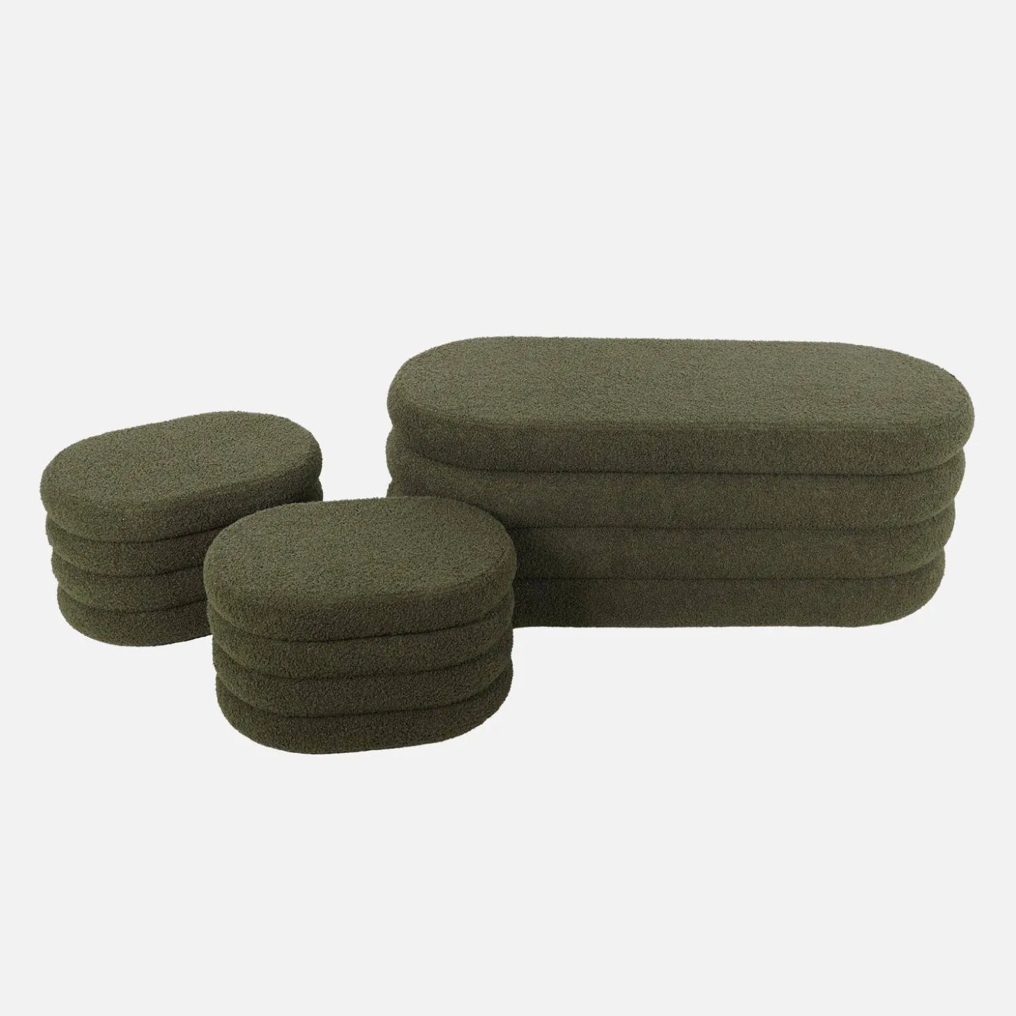 Bankkist met 2 opbergpoefjes in boucléstof