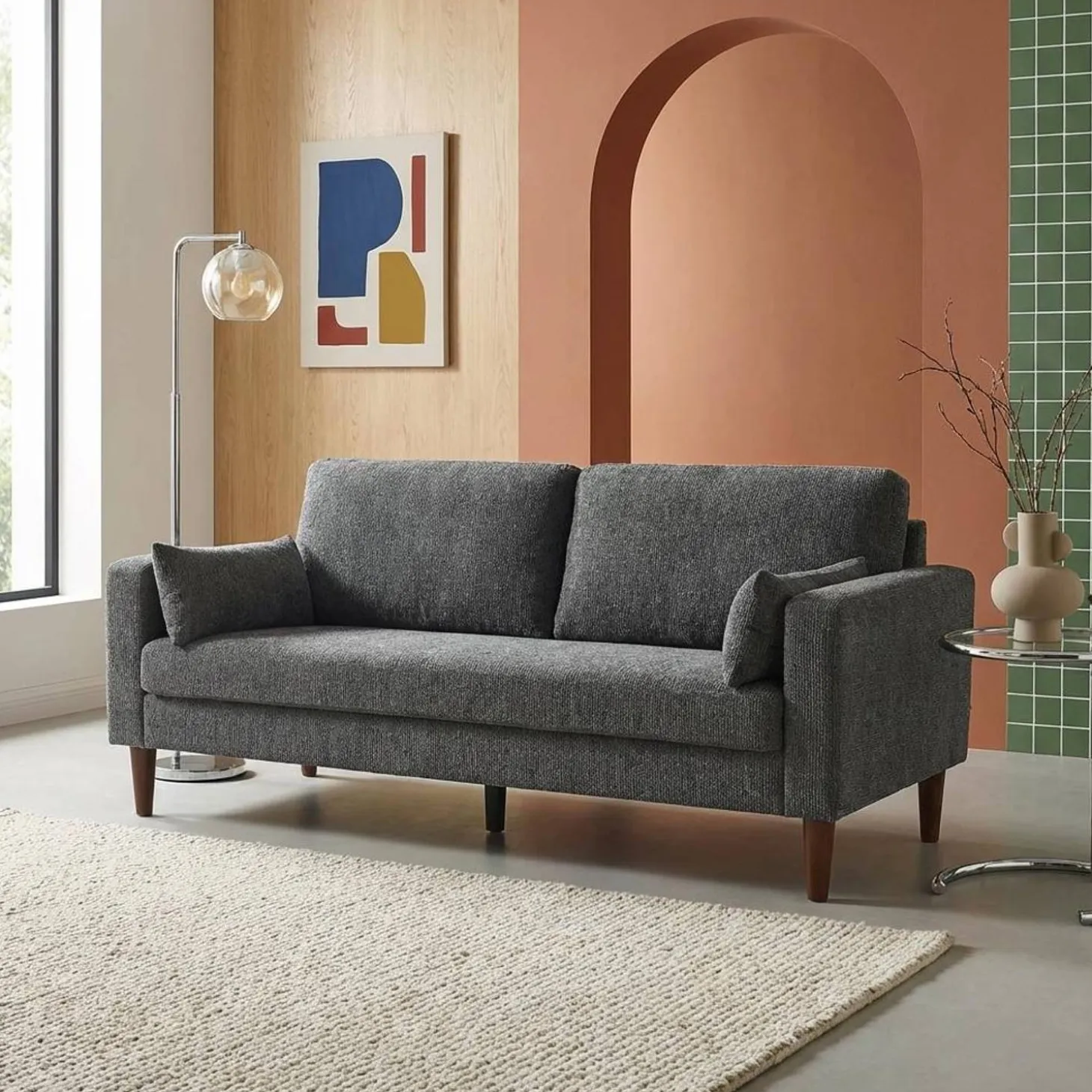 Bank 3-zits rubberhout en chenille stof