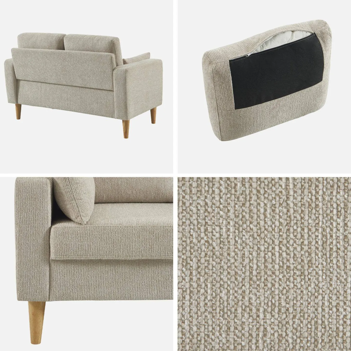 Bank 2-zits rubberhout en chenille stof
