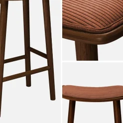 Barkrukken vintage met walnootkleurig rubberhout en corduroy (set van 2)