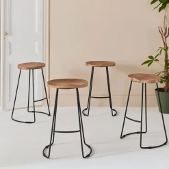 Barkruk, mangohout en staal, voetsteun, 65cm (set van 4)