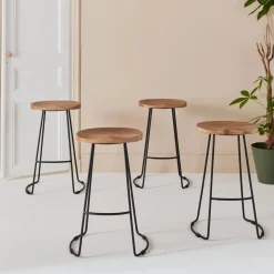 Barkruk, mangohout en staal, voetsteun, 65cm (set van 4)