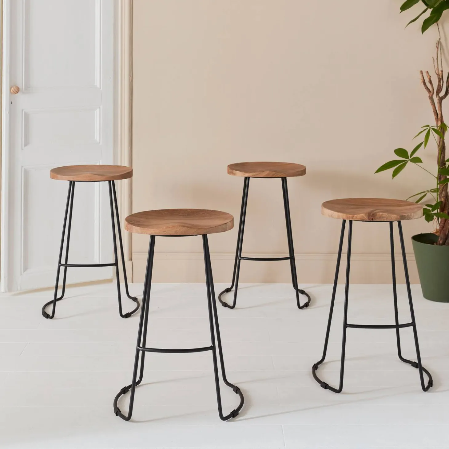 Barkruk, mangohout en staal, voetsteun, 65cm (set van 4)