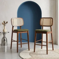 Barkruk van walnootkleurig hout en rotan 66,5 cm (set van 2)