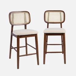 Barkruk van walnootkleurig hout bouclé en rotan 66,5 cm (set van 2)