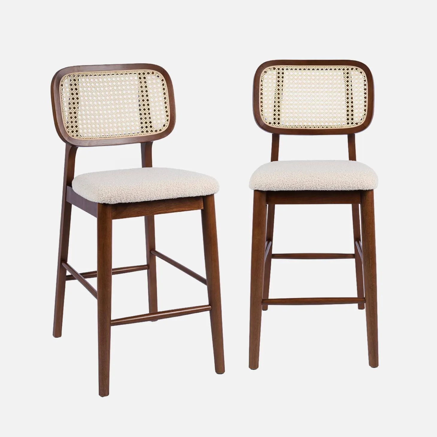 Barkruk van walnootkleurig hout bouclé en rotan 66,5 cm (set van 2)