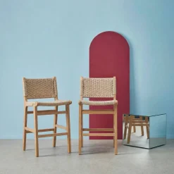 Barstoelen van rubberhout en zitting met gevlochten touw (set van 2)