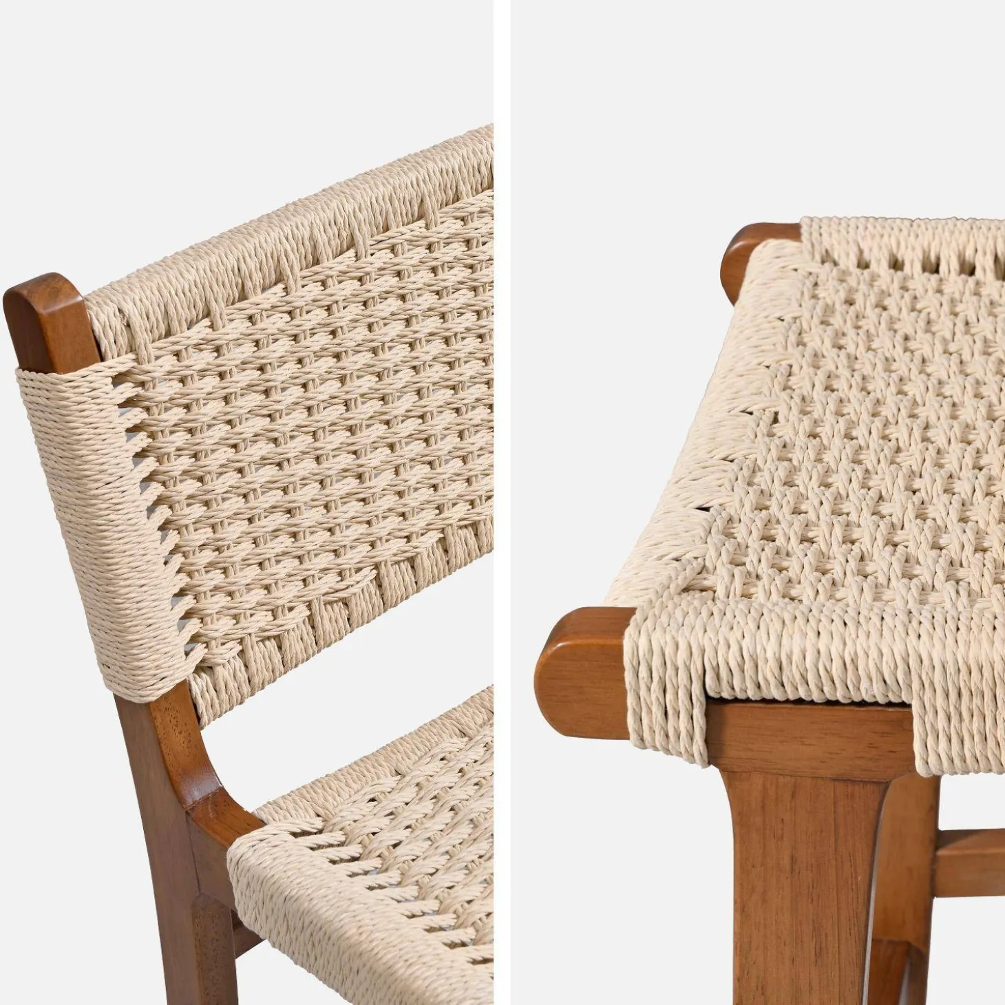 Barstoelen van rubberhout en zitting met gevlochten touw (set van 2)