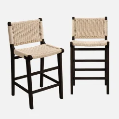 Barstoelen van rubberhout en zitting met gevlochten touw (set van 2)