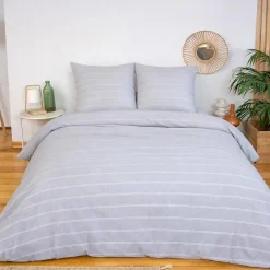 Beddengoedset voor 2 personen met gestreepte grijze gewassen microvezel
