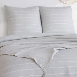 Beddengoedset voor 2 personen met gestreepte grijze gewassen microvezel