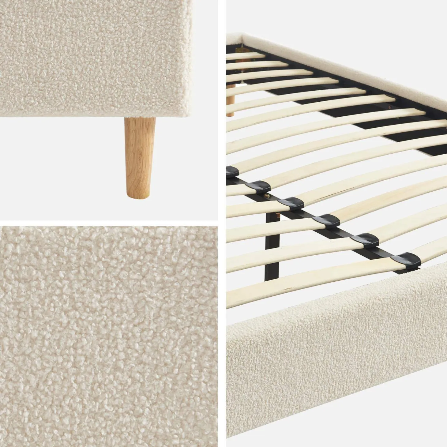 Bed met lattenbodem, bouclé afwerking, wit