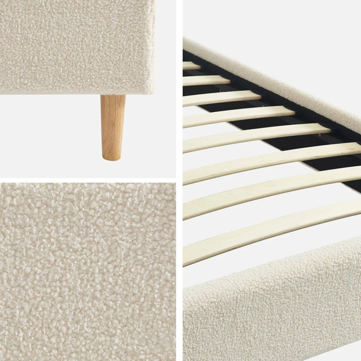 Bed met lattenbodem, bouclé afwerking, wit