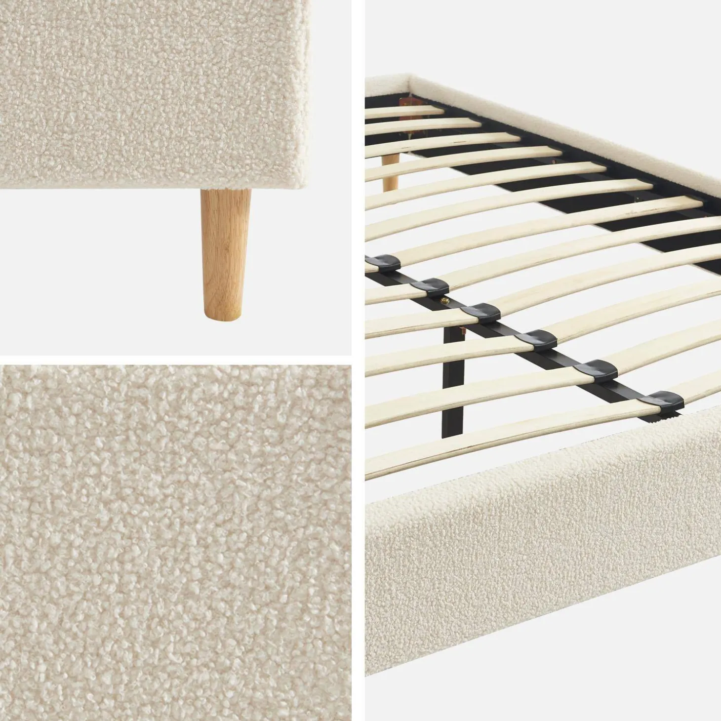 Bed met lattenbodem, bouclé afwerking, wit