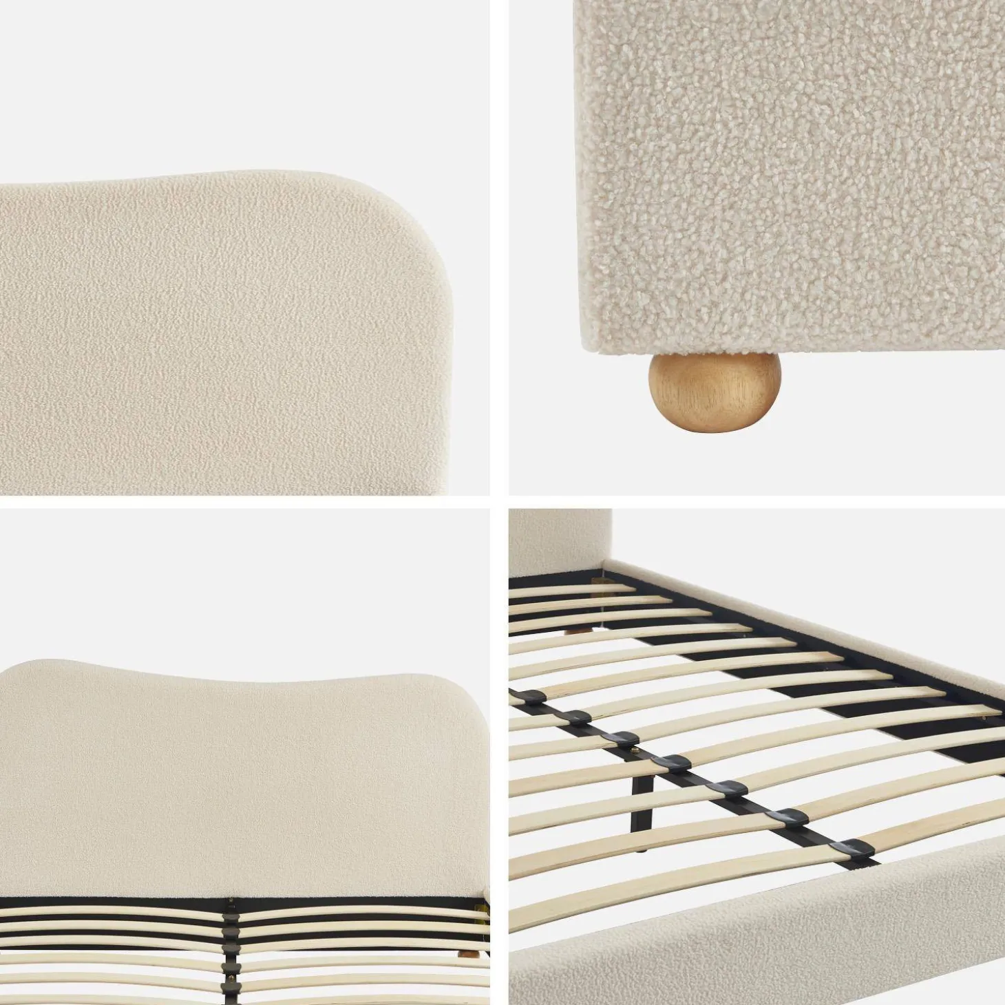 Bed met lattenbodem en hoofdeinde, wit met bouclé afwerking
