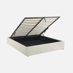 Bed met lattenbodem en hoofdeinde, bouclé afwerking, wit