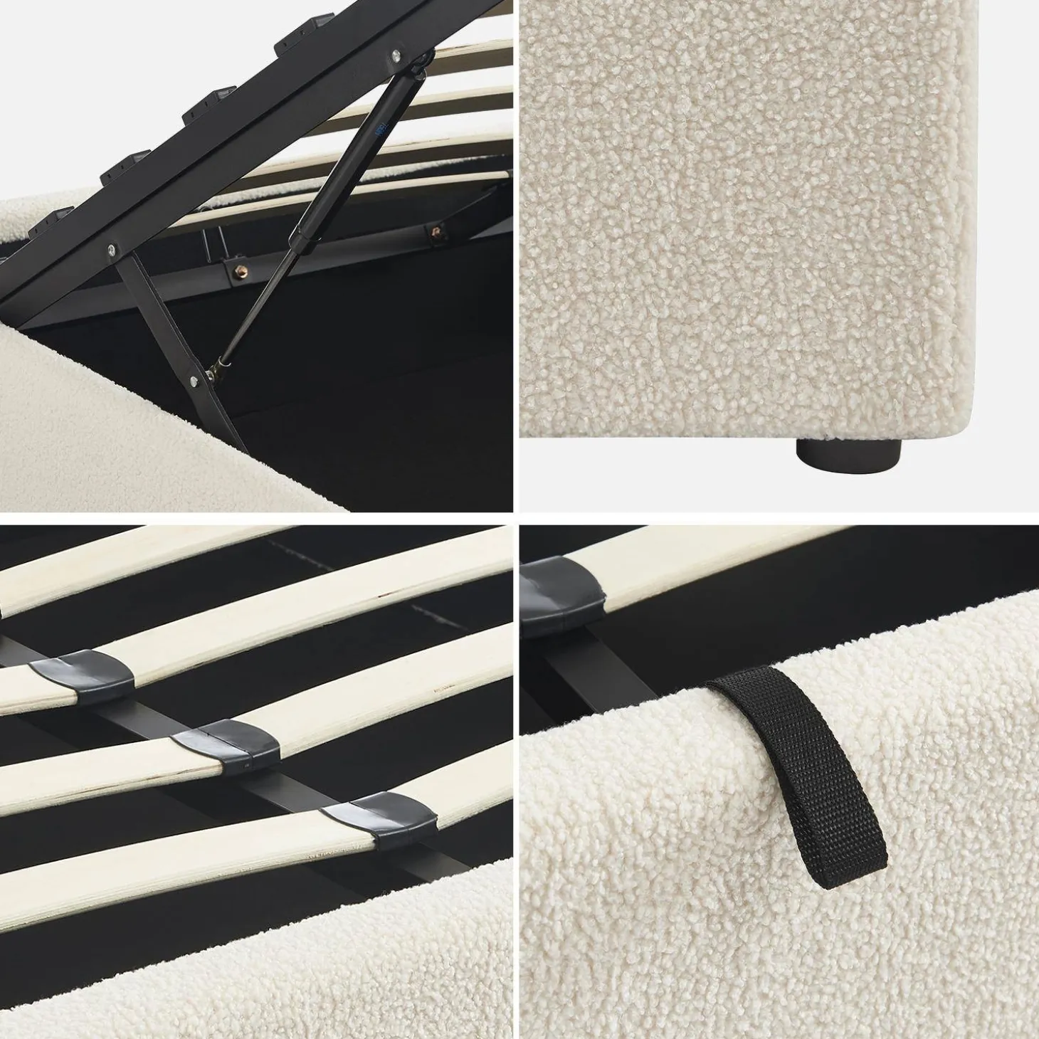 Bed met lattenbodem en hoofdeinde, bouclé afwerking, wit
