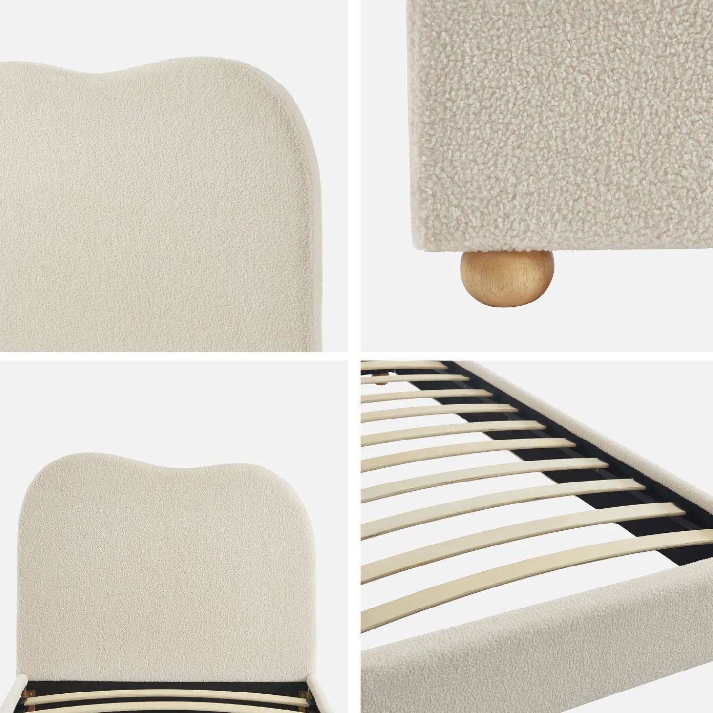 Bed met lattenbodem en hoofdeinde, wit met bouclé afwerking