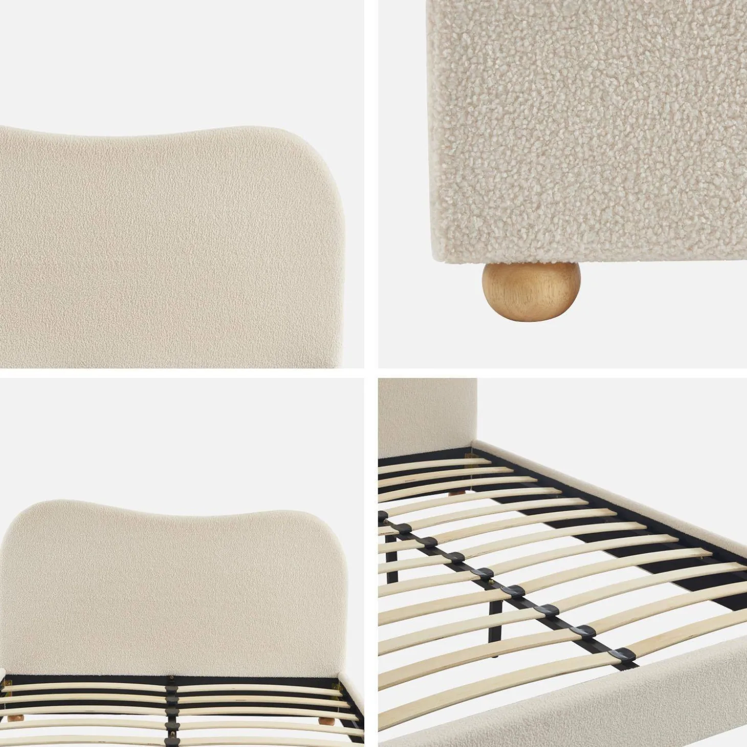 Bed met lattenbodem en hoofdeinde, wit met bouclé afwerking