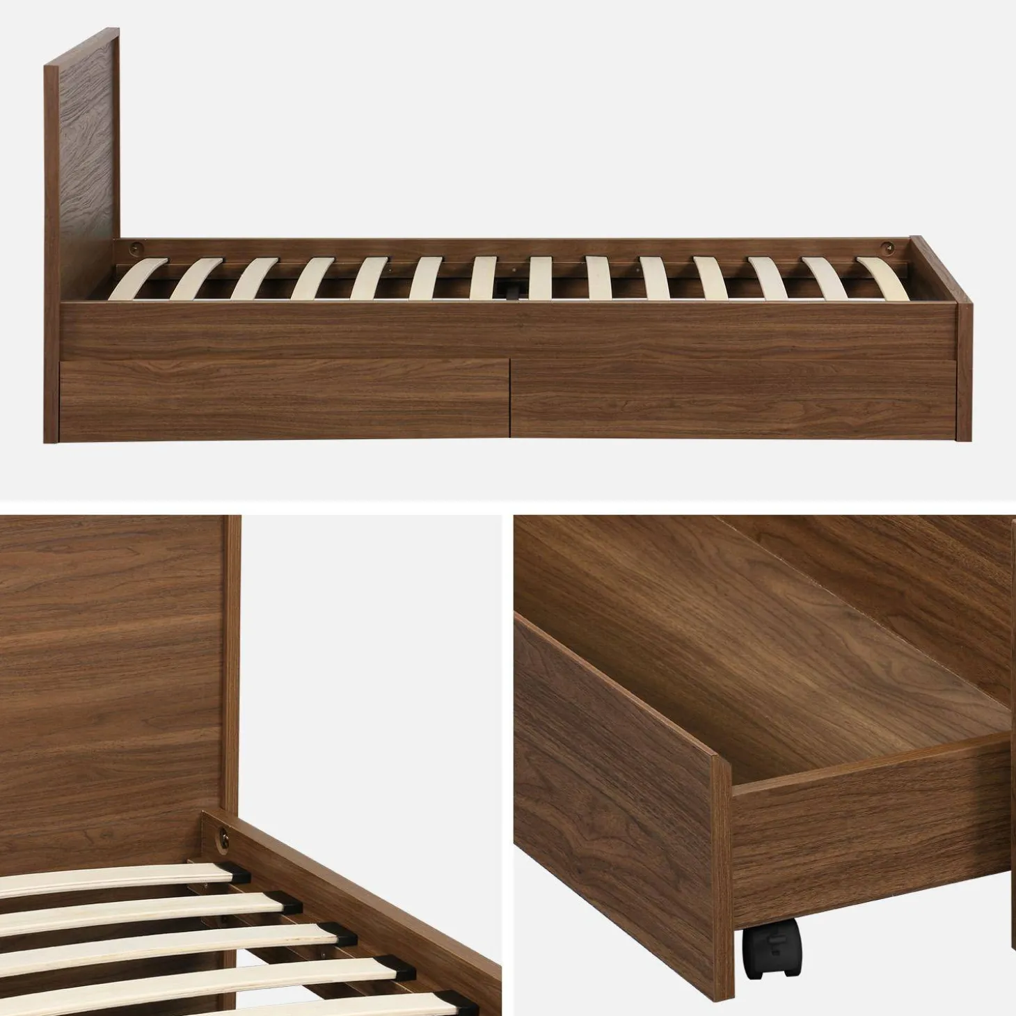 Bed 90x190cm met 2 lades inclusief lattenbodem en hoofdbord houtdecor