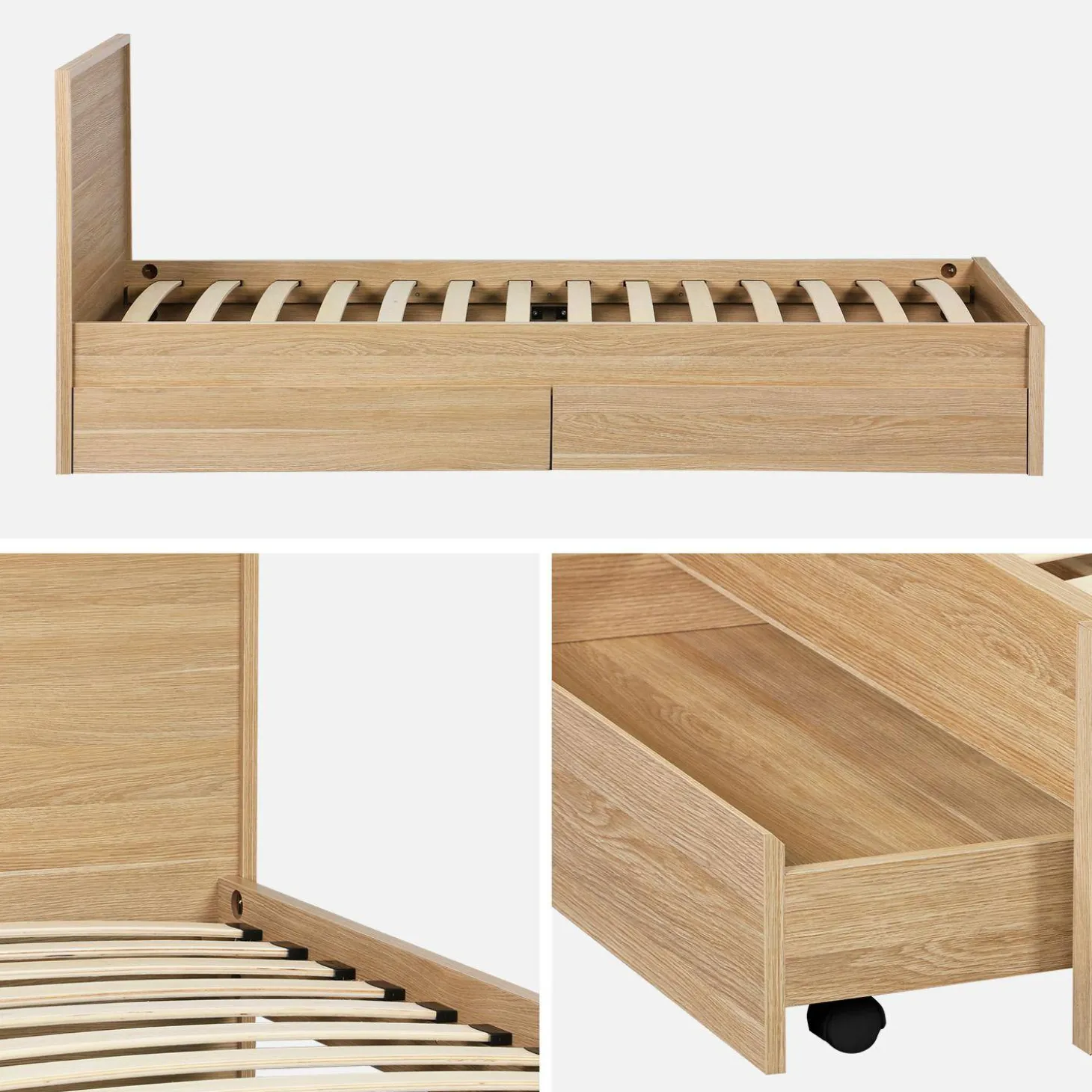 Bed 90x190cm met 2 lades inclusief lattenbodem en hoofdbord houtdecor