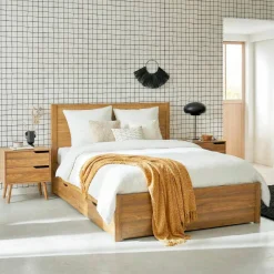 Bed 160 x 200cm met 4 lades lattenbodem en hoofdbord houtdecor