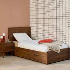 Bed 90x190cm met lattenbodem hoofdbord en 4 laden houtdecor