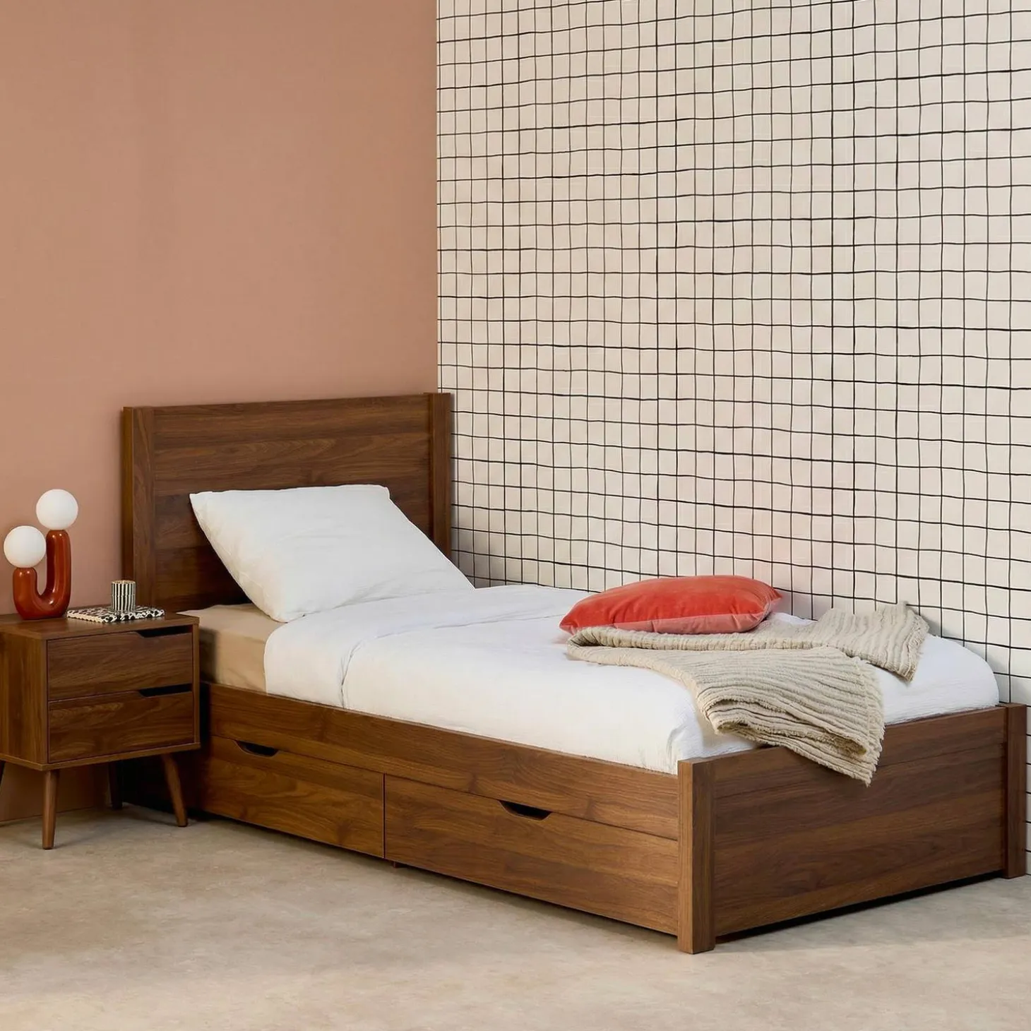 Bed 90x190cm met lattenbodem hoofdbord en 4 laden houtdecor