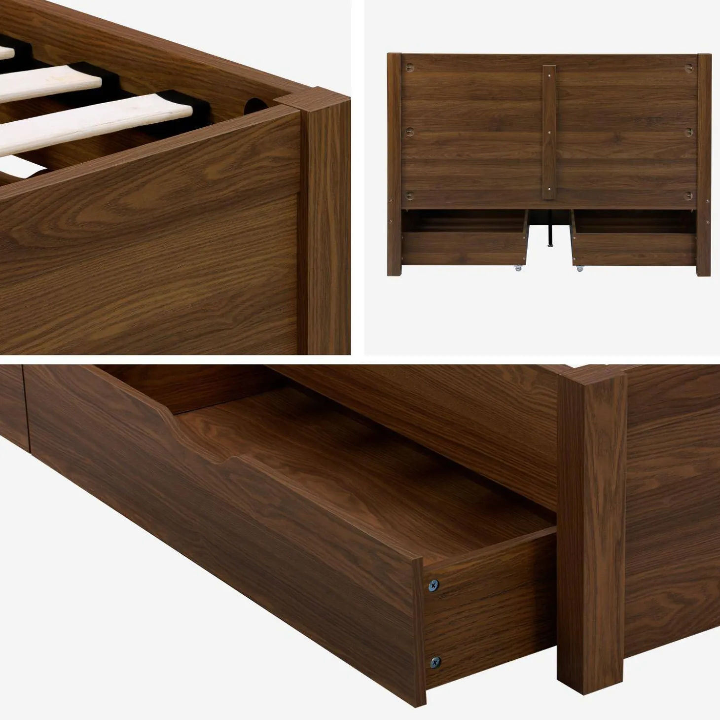 Bed 140x190cm met lattenbodem hoofdbord en 4 laden houtdecor