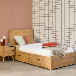 Bed 90x190cm met lattenbodem hoofdbord en 4 laden houtdecor