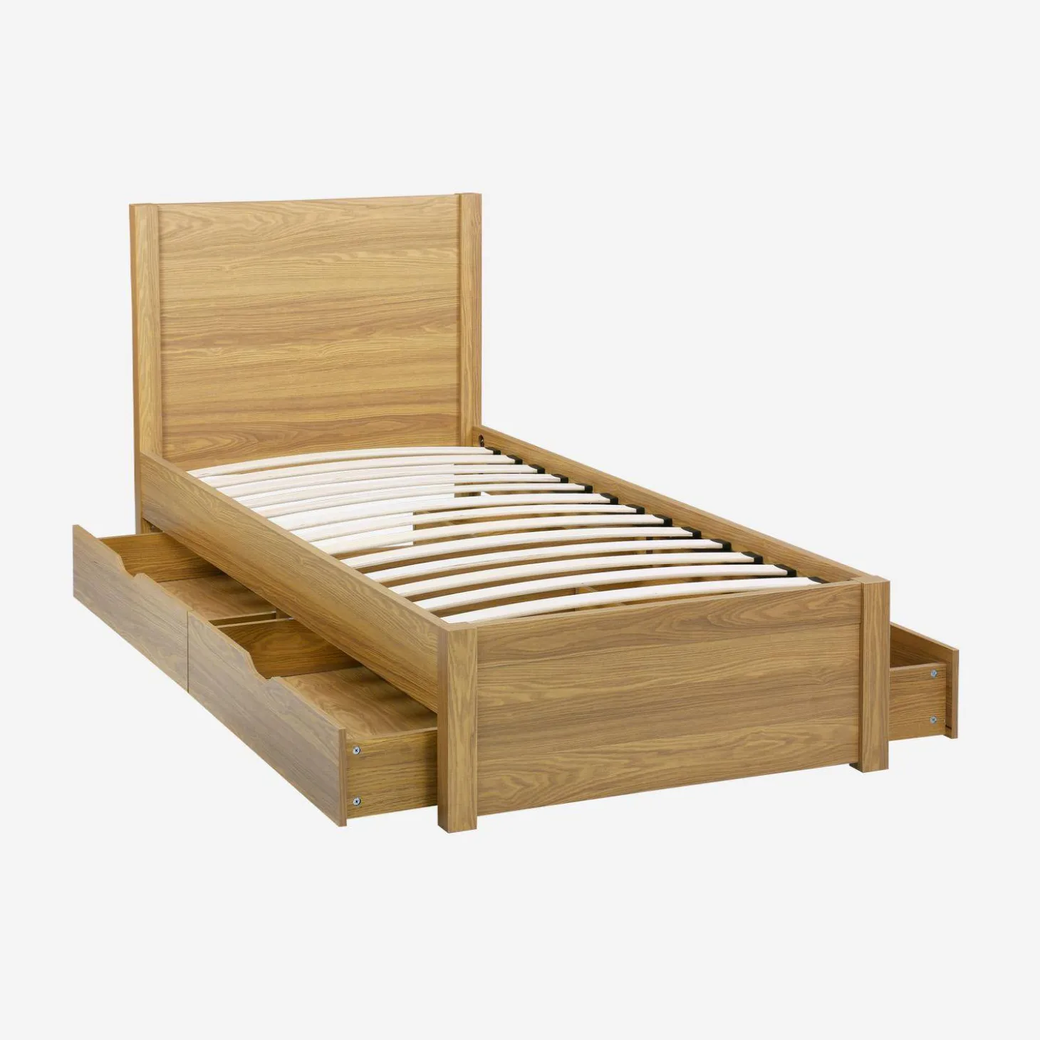 Bed 90x190cm met lattenbodem hoofdbord en 4 laden houtdecor