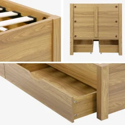Bed 90x190cm met lattenbodem hoofdbord en 4 laden houtdecor