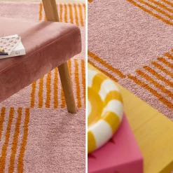 Binnen tapijt oranje en roze dambordpatroon