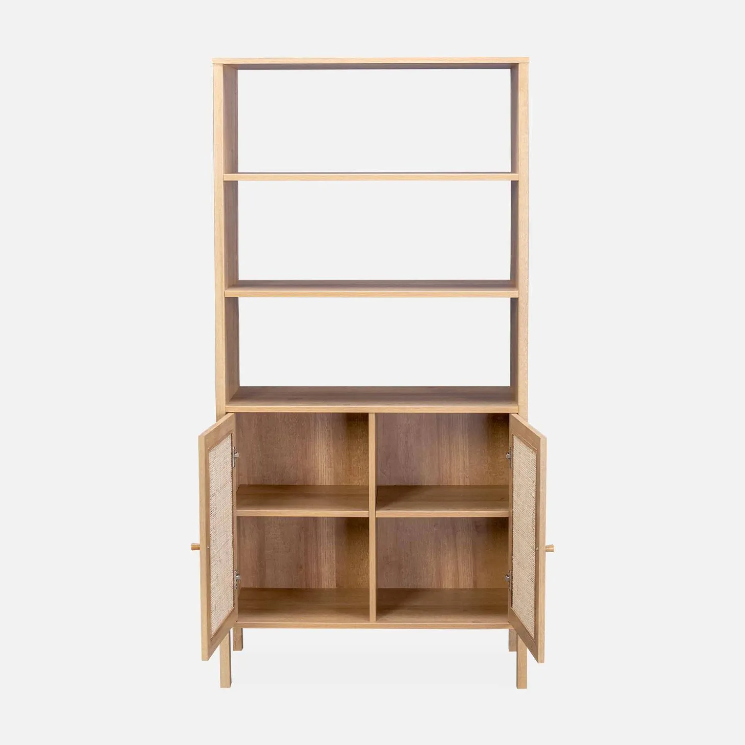Boekenkast met 2 deuren en open planken houtdecor en rotan 80cm