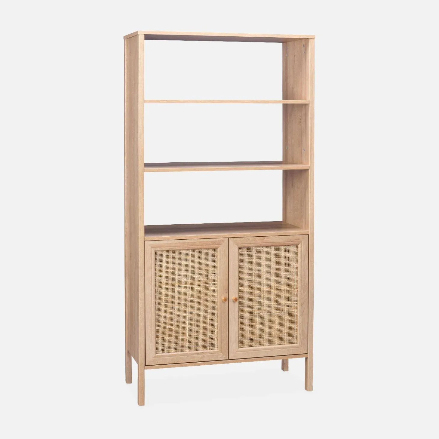 Boekenkast met 2 deuren en open planken houtdecor en rotan 80cm