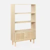 Boekenkast met 2 deurtjes en open planken rotan en houteffect 80cm