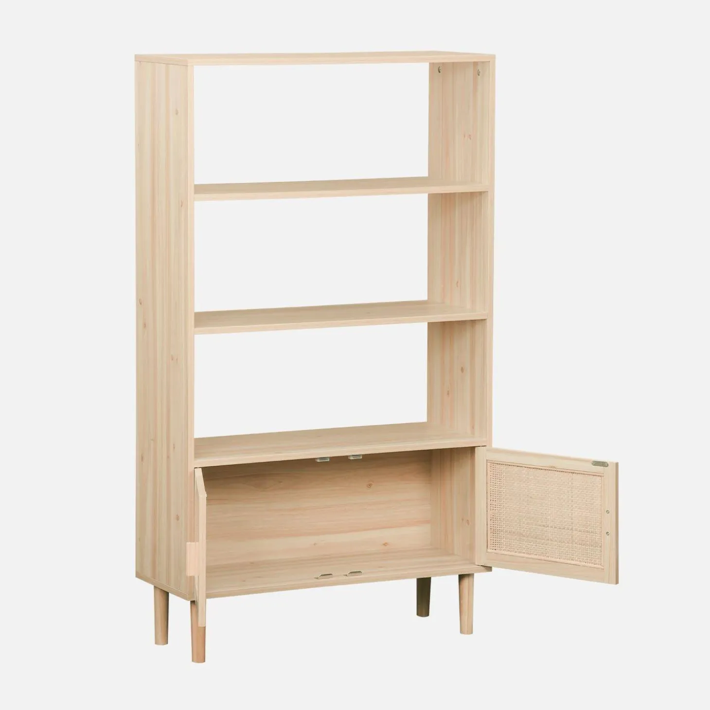 Boekenkast met 2 deurtjes en open planken rotan en houteffect 80cm