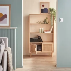 Boekenkast met 2 deurtjes en open planken rotan en houteffect 80cm