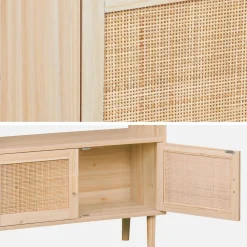 Boekenkast met 2 deurtjes en open planken rotan en houteffect 80cm