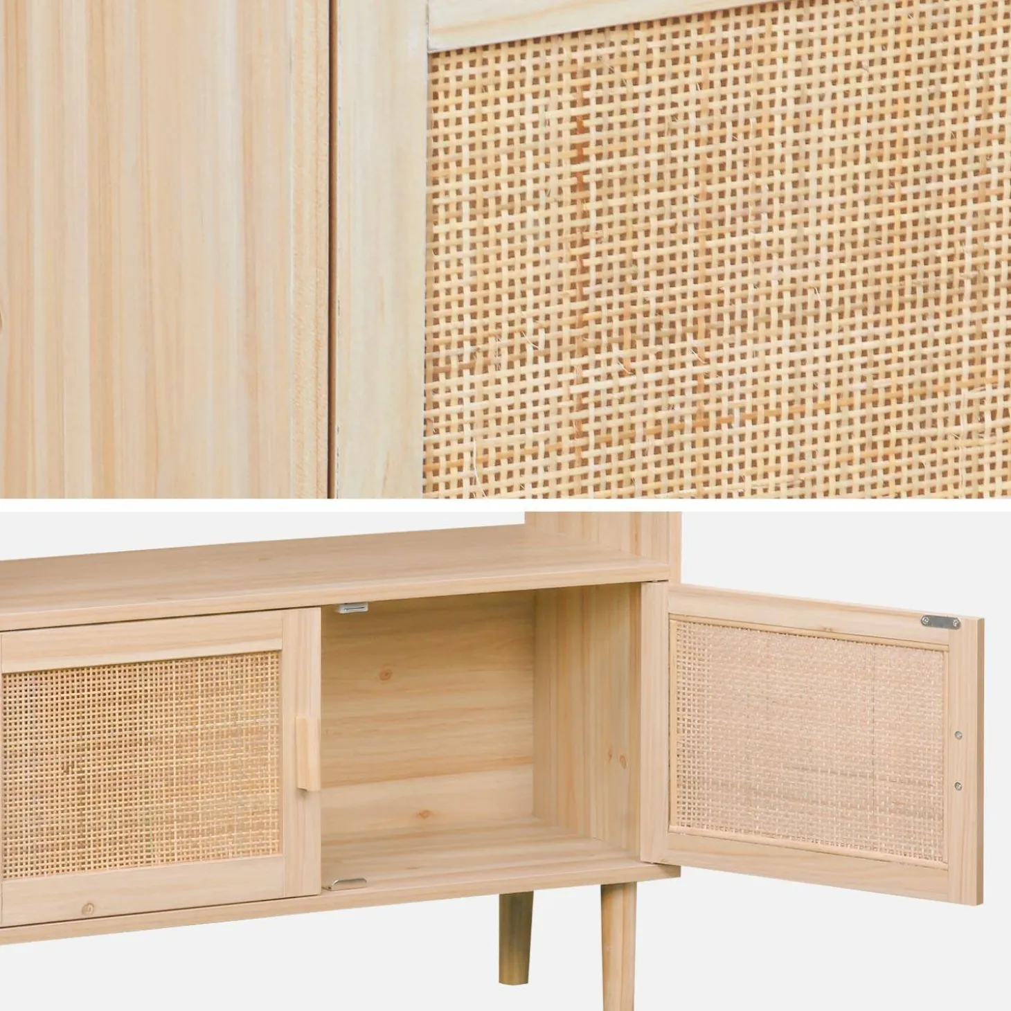 Boekenkast met 2 deurtjes en open planken rotan en houteffect 80cm