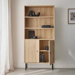 Boekenkast met 2 deurtjes en planken gegroefd houtdecor 80cm
