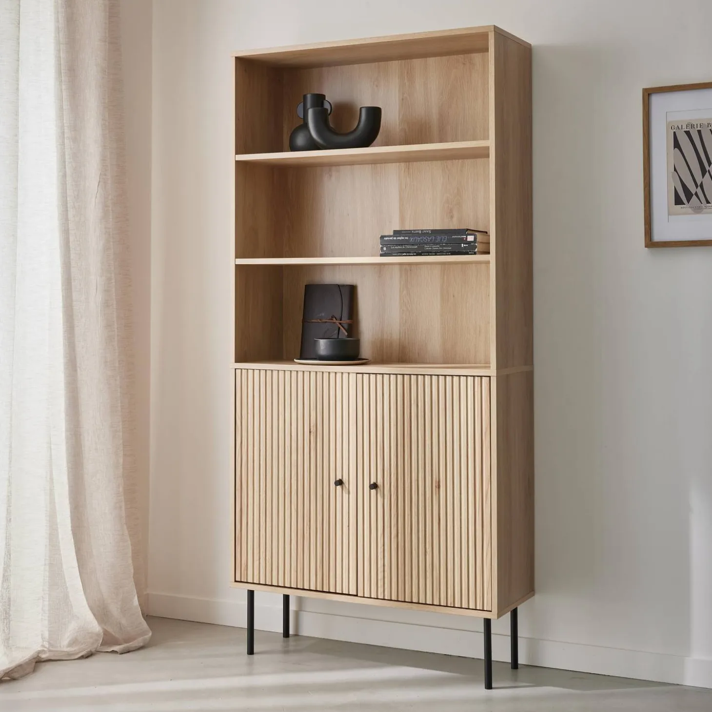 Boekenkast met 2 deurtjes en planken gegroefd houtdecor 80cm