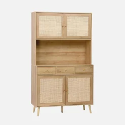 Buffetkast met 4 deuren 3 lades 1 open vak houtdecor en rotan 110cm