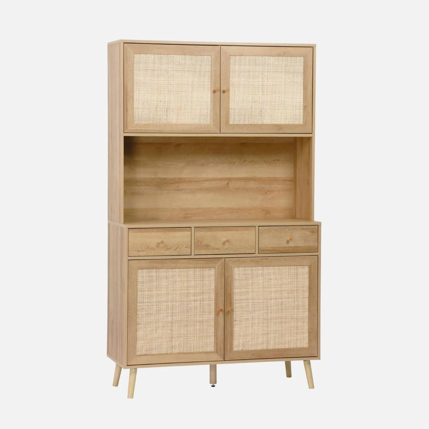 Buffetkast met 4 deuren 3 lades 1 open vak houtdecor en rotan 110cm